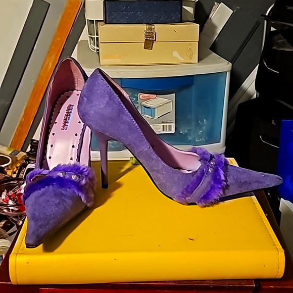 New Suede w/Fur Designer Shoes by Dangerous, Sz 8, Purple, Pointy Toe, 3" - Picture 7 of 11